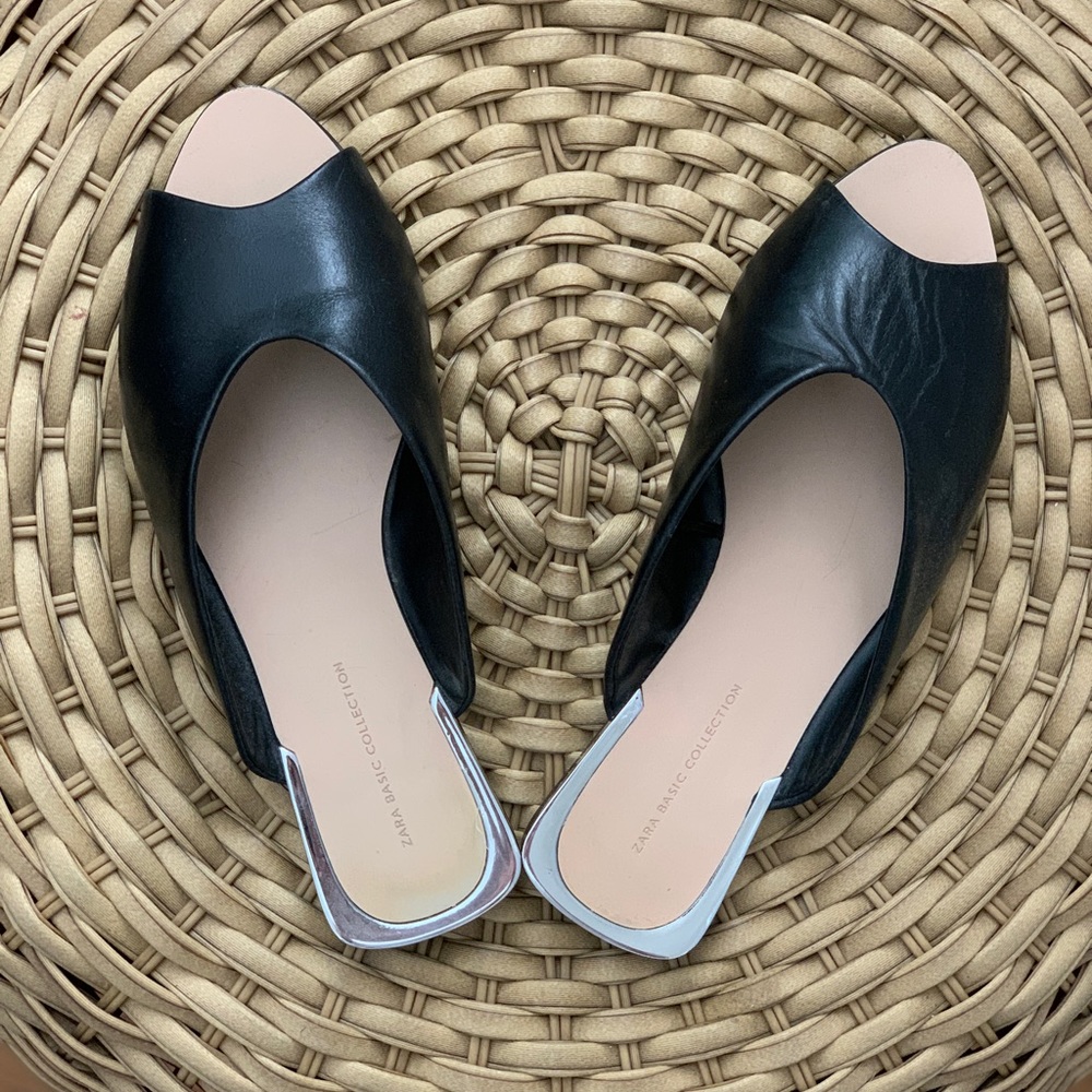 Zara Basic Black Leather Peep Toe Slides
